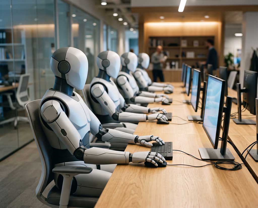A row of identical humanoid robots seated at one long desk, each working its own screen and keyboard