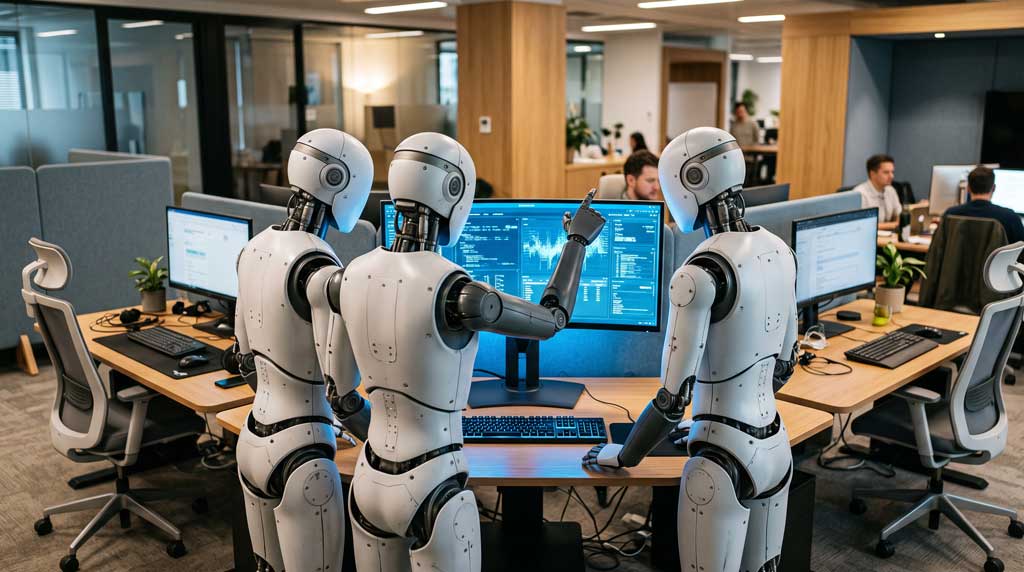 Three humanoid robots gathered around one monitor in a shared office, working from the same dashboard