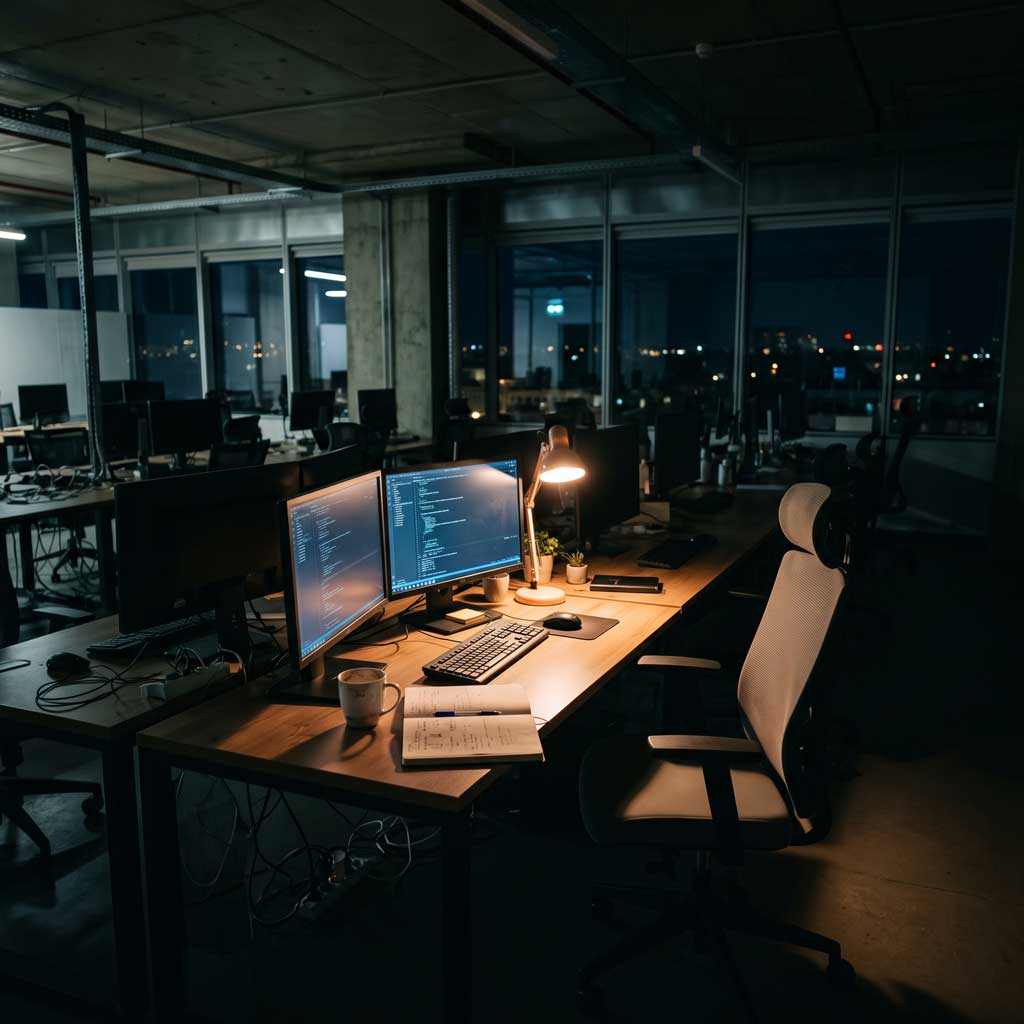 An open-plan office late at night, one desk lit by a lamp with code on two screens and every other chair empty
